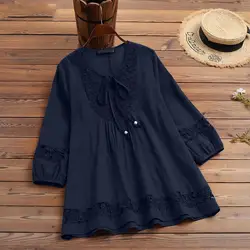 Women 3/4 Sleeve Holiday Lace-Up Shirt Spring Lace Patchwork Blouse Bohemian Femme Fashion Casual Oversized Work OL Blusa