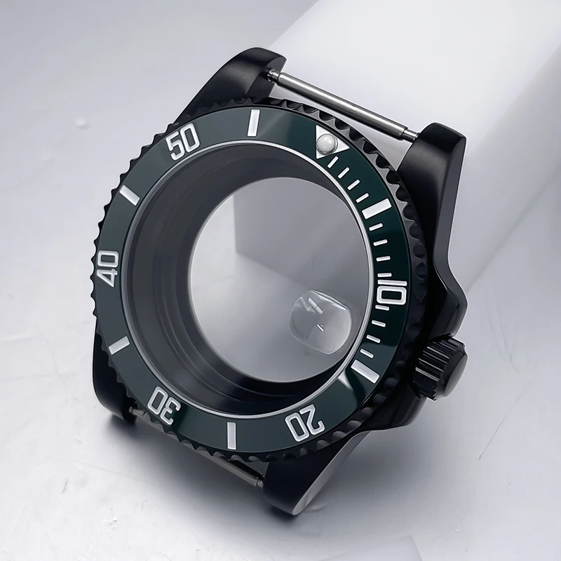 All-Black Sub Style Watch Case with Rubber Strap and Sapphire Crystal