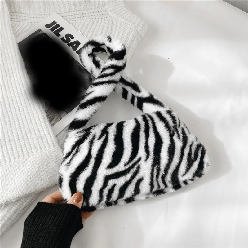 Women Cow Print Mini Shoulder Bags Female Winter Plush Underarm Bags Leopard Zebra Pattern Fluffy Tote Small Purses Shoulder Bag Ladies Handbag Underarm Bag