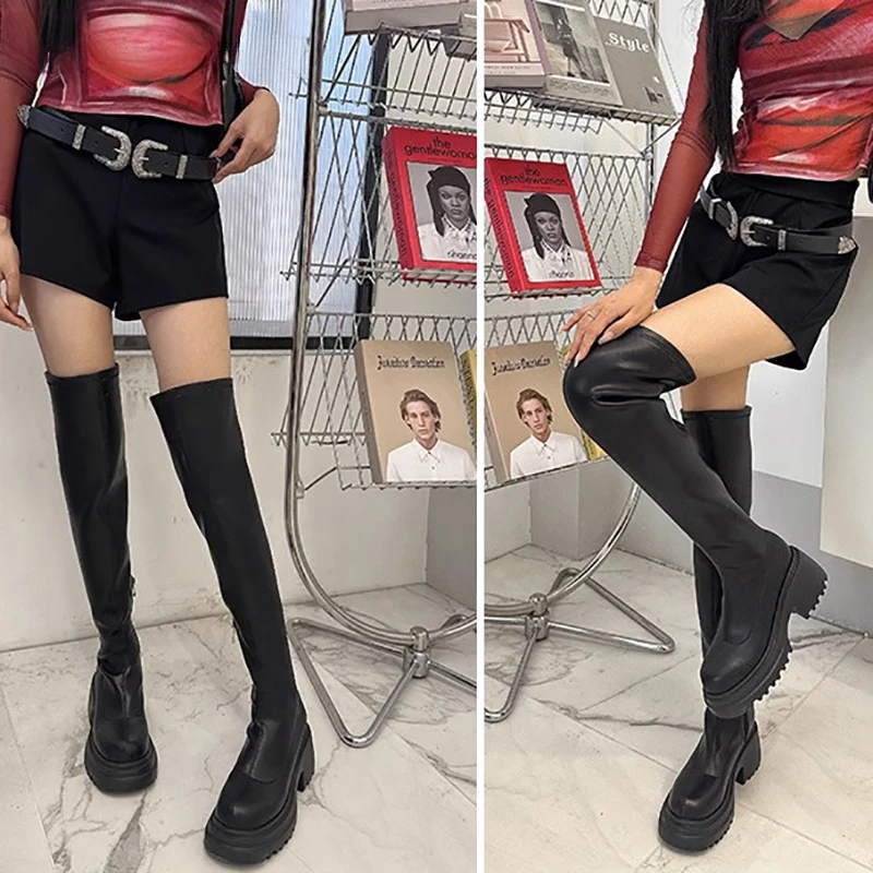 여성용 플랫폼 하이 부츠, 우아한 스퀘어 하이힐, 롱 부츠, 여성용 신발, 패션 사이드 지퍼