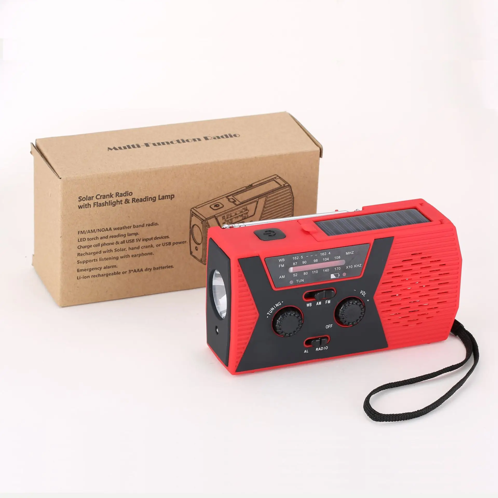 2000Mah Multi Functional Portable Solar Powered Hand Cranked Charging Emergency Radio with Flashlight Reading Light