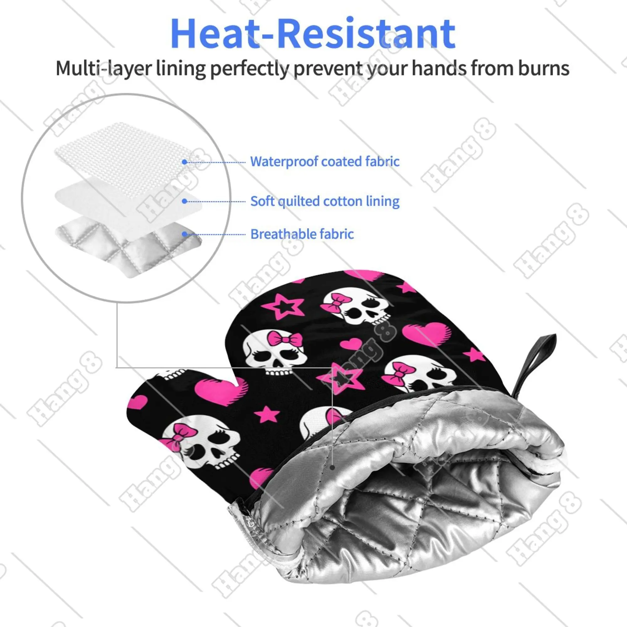 Sweet Skulls Cartoon Pink Oven Mitts Oven Gloves Heat Resistant for Barbecue Microwave Ovens Kitchen Women Men Halloween 2pc