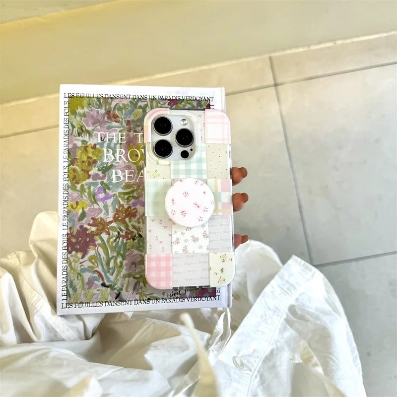 Chic Floral Grid Phone Case with Holder Attachment
