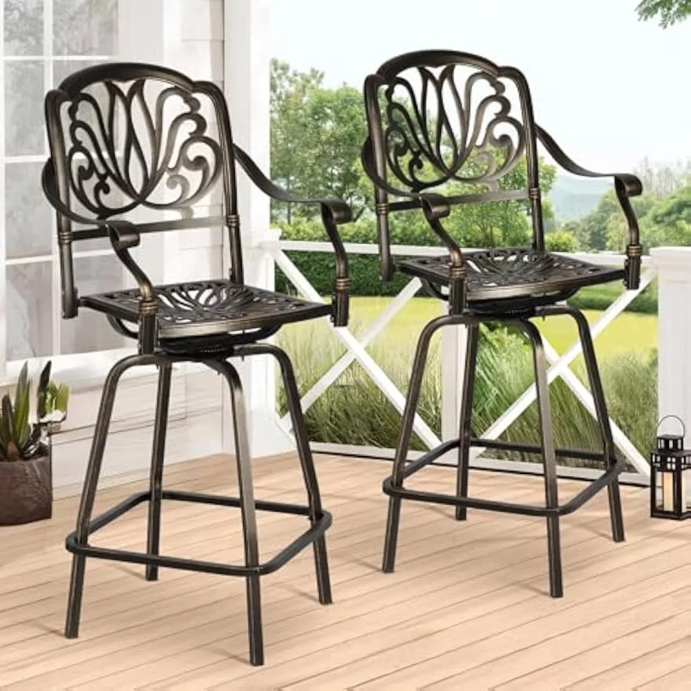 Outdoor Cast Aluminum Swivel Bar Stools Set of 2, Patio Height Bartools Chairs, 2 Piece Patio High Dining Bistro Chairs 2