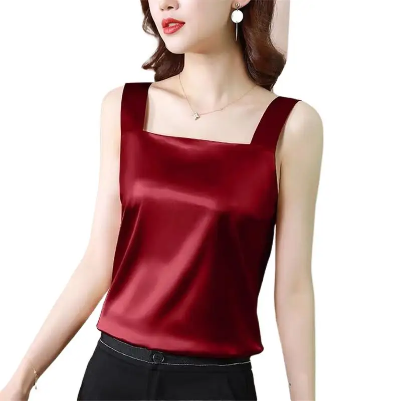 

2024 Women's Acetate satin Blouses Summer Chiffon square collar Women basic Elegant Shirts artificial silk Vest lady's Tops