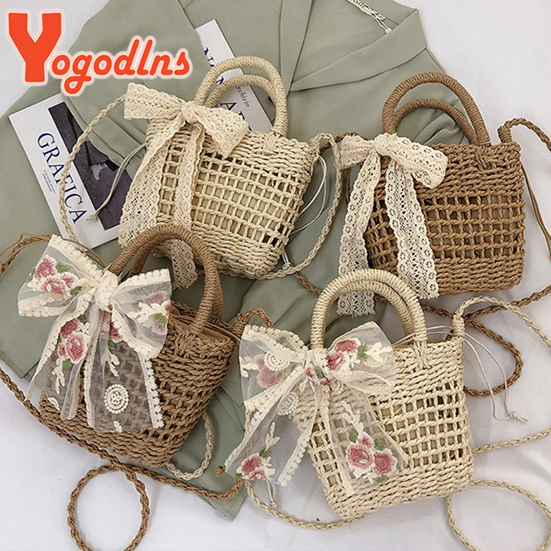 Floral Embroidery Bow Decor Straw Bag Woven Hollow Shoulder Bucket Bag Holiday Beach Bag Summer Crossbody Bag Handbag