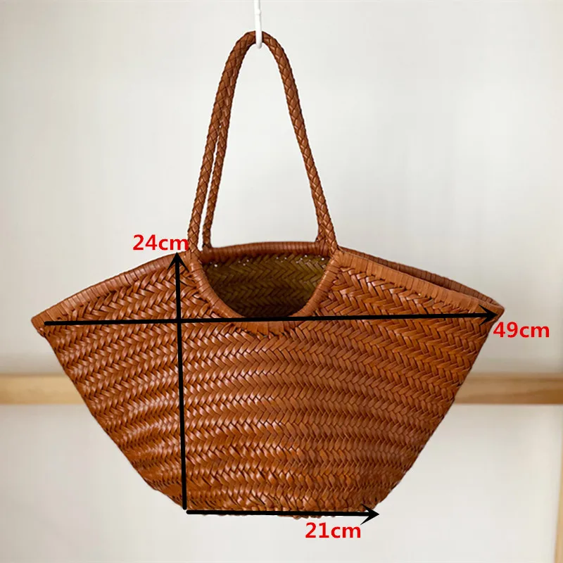 Fashion Woven Bag for Women Big Genuine Leather Tote Bag Large Summer Beach Travel Handbag Retro Handmade Shoulder Bag