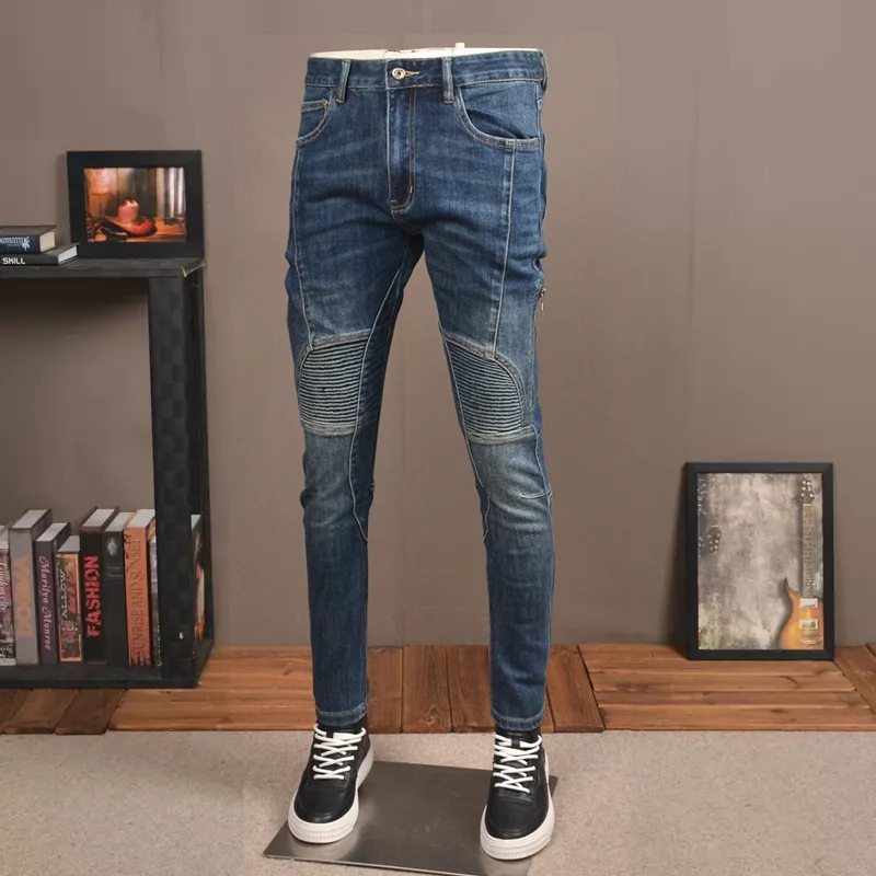 Fashion Designer Men Jeans Retro Blue Stretch Slim Fit Spliced Biker Jeans Homme Streetwear Hip Hop Pants Men Punk Trousers