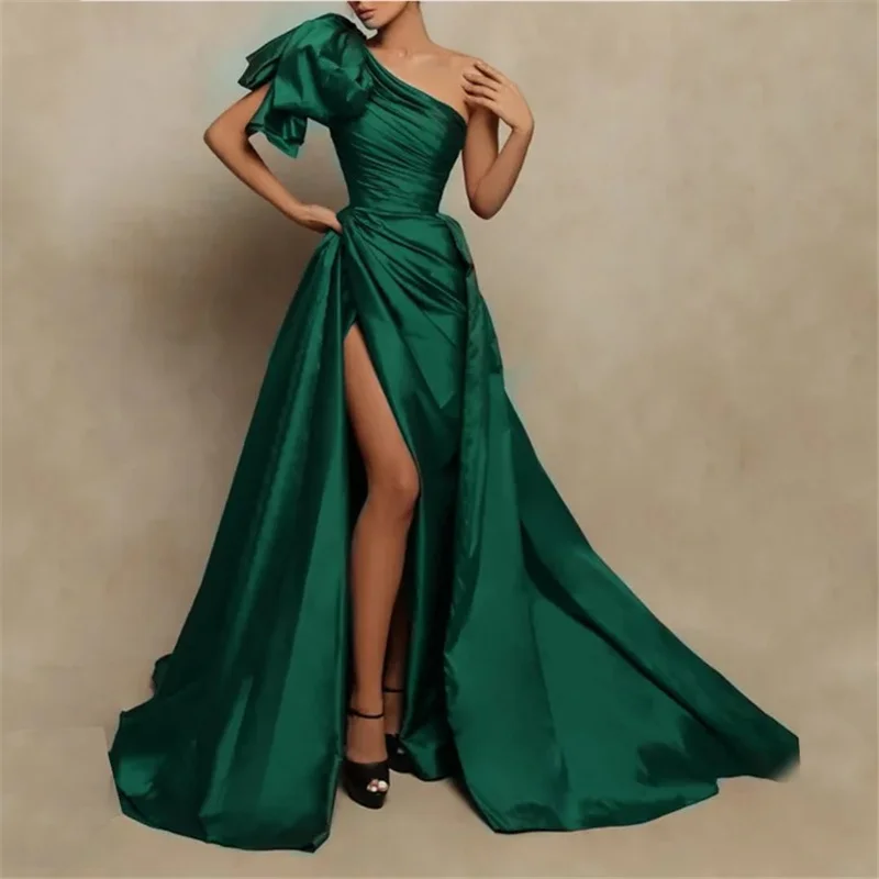 

Luxury Prom Dresses One Shoulder Satin Sweep Train A-Line Side Slit Long Prom Dresses With Lace Up vestidos de fiesta de noche