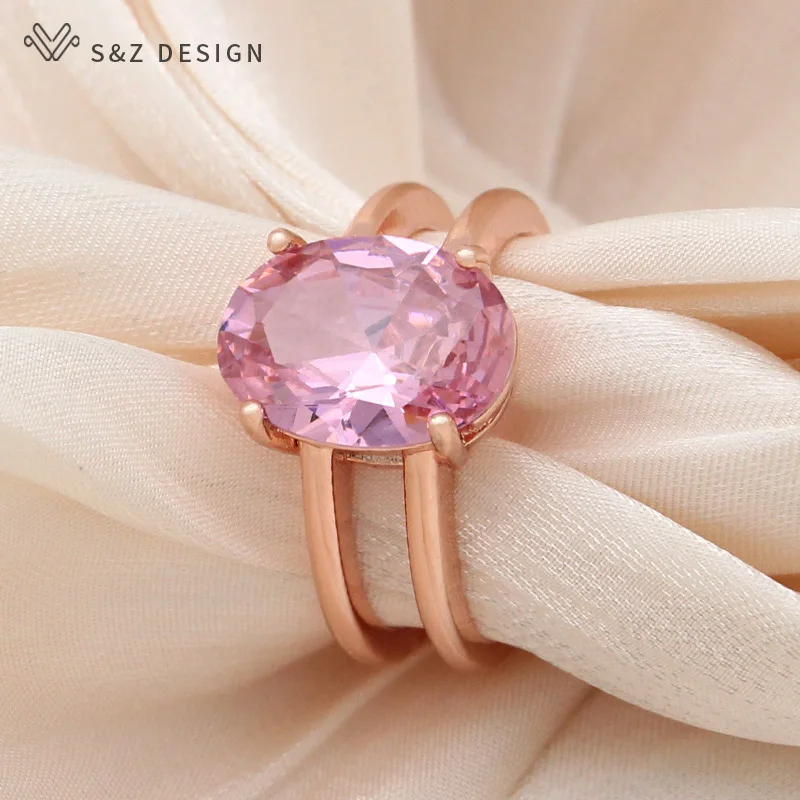 S&Z DESIGN New Fashion Egg Shape Oval Cubic Zirconia Rings For Women Wedding 585 Rose Gold Color Jewelry Adjustable Ring Gift