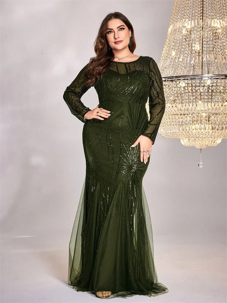 Plus Size Elegant Long Sleeves Sequins Evening Dresses Luxury Women Mermaid Formal Party Maxi Cocktail Gowns