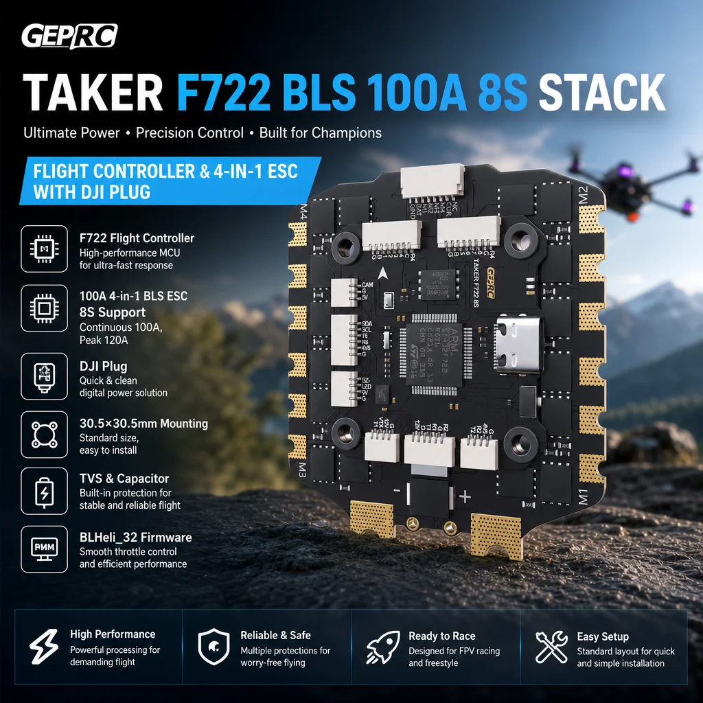 GEPRC TAKER F722 BLS 100A 8S Stack – Flugcontroller & 4-in-1 ESC mit DJI-Stecker für FPV-Drohne (30,5×30,5mm)