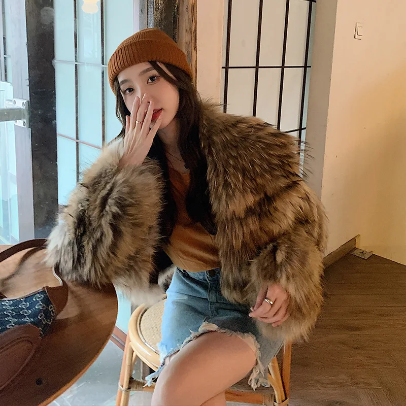 Natural Raccoon Fur Spokes Real Fur Coat Winter Women's Short Large Lapel European and American Style Short 2022 Street Hipster