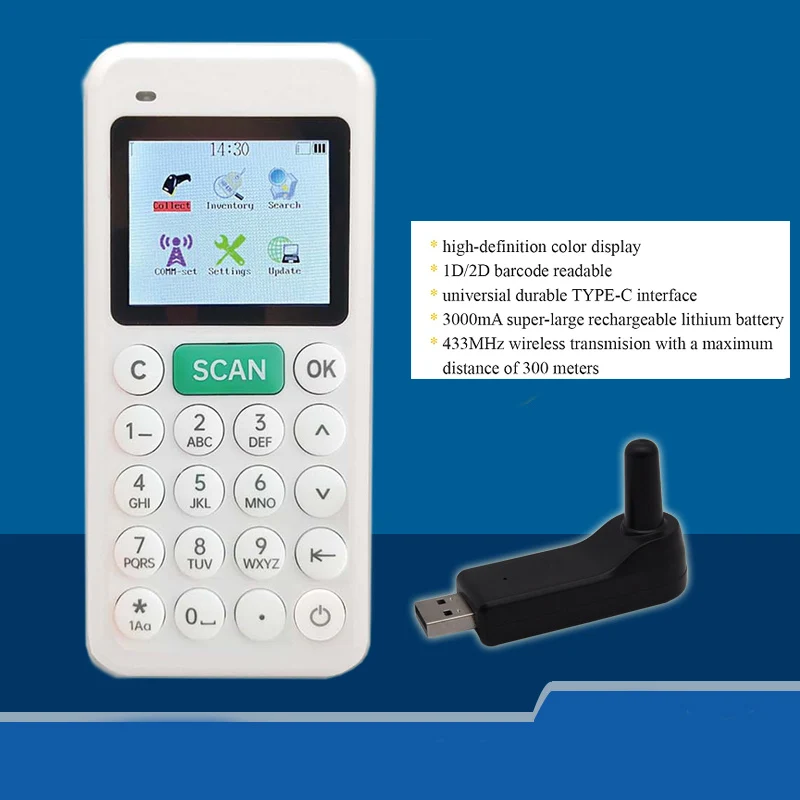 Portable 1D/2D QR Code Scanner Handheld Data Collector 2.4" LCD Screen Inventory Counter USB Receiver