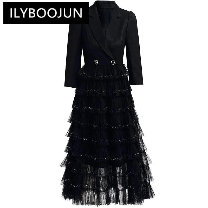 

ILYBOOJUN Мода 2024 Весна Новый элегантный костюм воротник рукав три четверти бриллиант пэчворк имитация двух частей торт платье