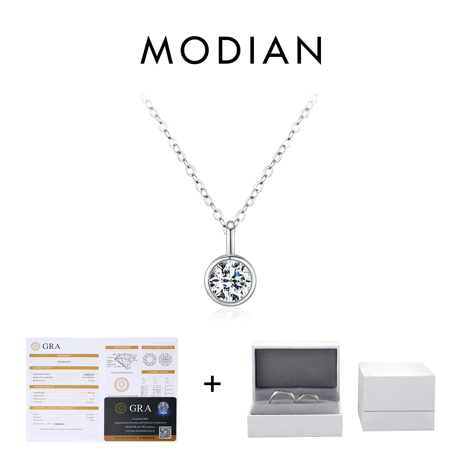 Pendant Necklace Silver Necklace Silver Pendant Moissanite Necklace MODIAN 1 Carat D Color Round Bezel Setting Moissanite Pendant Necklace 925 Silver Lab Diamond Women Jewelry With Certificate Box