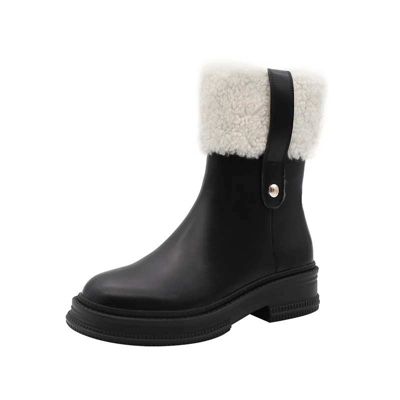 

2023 New Side Zipper Fur Boots Round Toe Short Plush Office Lady Snow Boot Black Beige Women's Winter Shoes