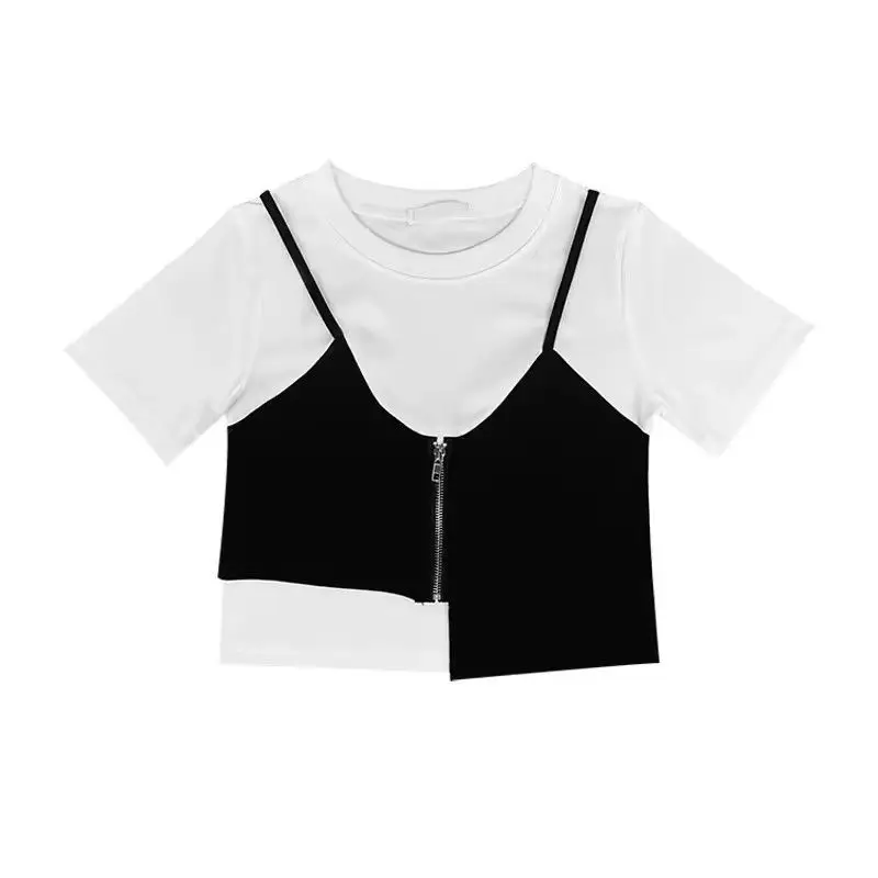 

Irregular false two pieces splicing short-sleeved T-shirt female design sense personality small girls zip top summer 2024