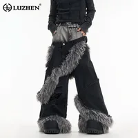 LUZHEN Fake Two Piece Denim Pants Patchwork Fur Worn-out Trendy High Street Luxury American Straight Tube Trousers Male LZ8217 1