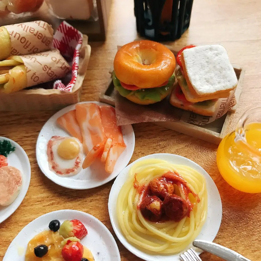 NEW Cute 1/6 Scale Dollhouse Miniature Breakfast Mini Bread Waffle Bacon Bagel Clay Food for Doll Kitchen Toys Accessories 4
