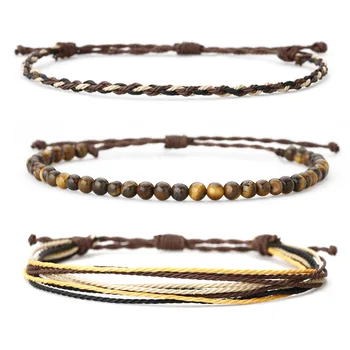 Set di 3 braccialetti in cera per donna uomo impermeabili, braccialetti dell'amicizia con perline turchese africano occhio di tigre, regali per il migliore amico 1
