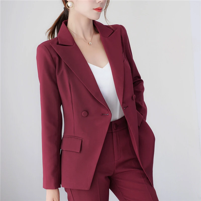 Elegant Business Set Burgundy Slim Fit Double breasted Wedding Bride Mom Formal Party Prom Evening Dress (Jacket+Pants)