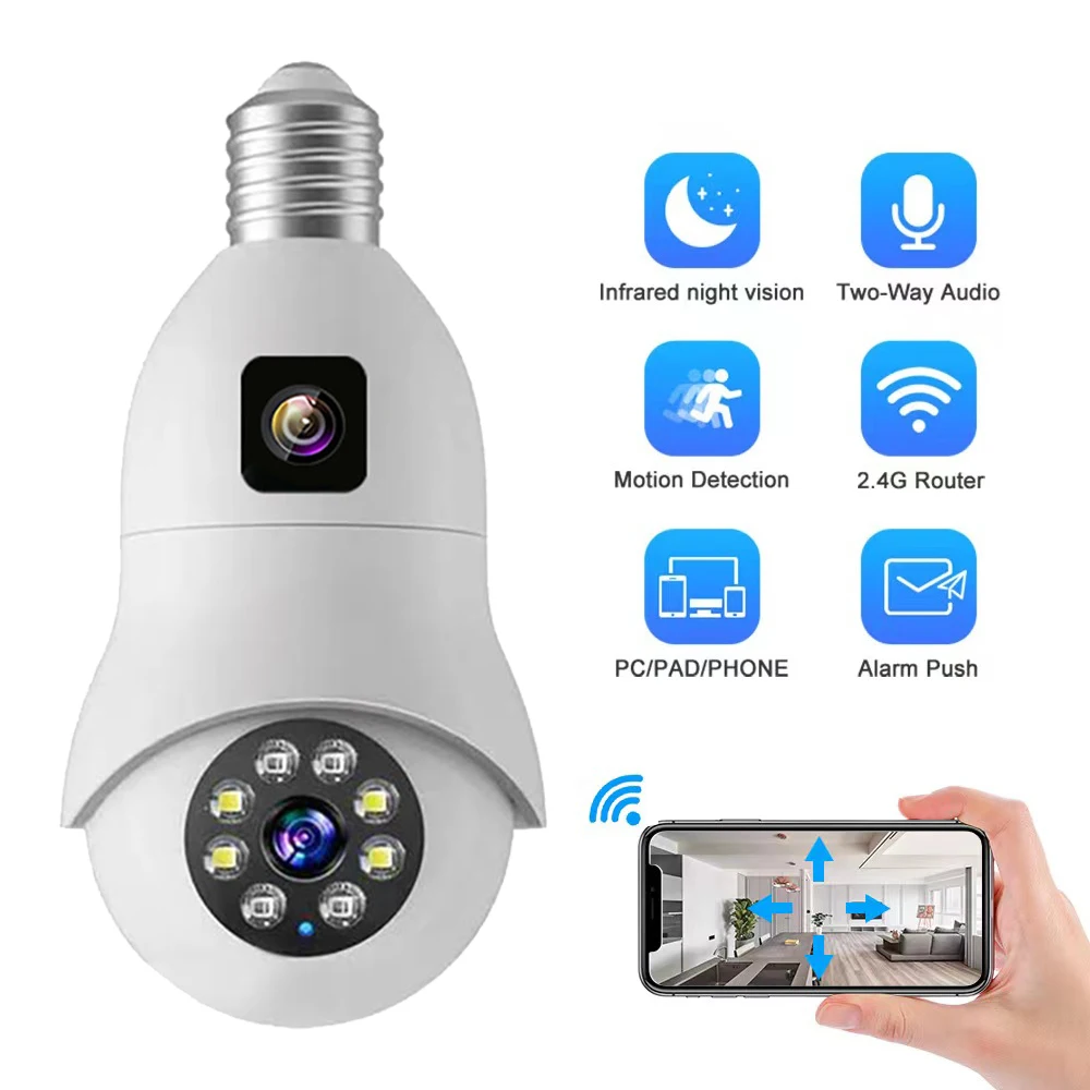 

8MP Dual Lens E27 Bulb Camera WiFi Night Vision PTZ Indoor IP Camera V380 CCTV Smart Home Security Wireless Cameras Baby Monitor