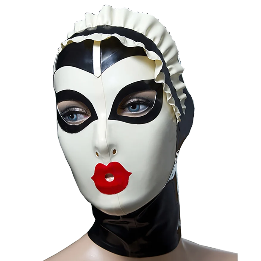 

Sexy Women Men Latex Mask With Ruffles Lace Rubber Fetish Unique Hood Amazing Cosplay Party Headpiece Handmade Headwear RLM089