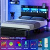 Queen Bed Frame with Wood Headboard and Storage Shelf, Metal Platform Bed Frame Queen Size with Storage Drawers86.4Lx61Wx 44.9H 3