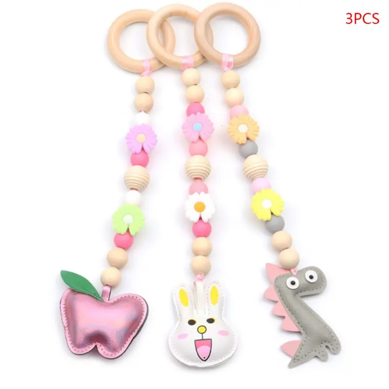

3Pcs/Set Baby Cartoon Gym Frame Pendants Threaded Wooden Beads Silicone Flowers Hanging Teether Molar Room Decor K1KC