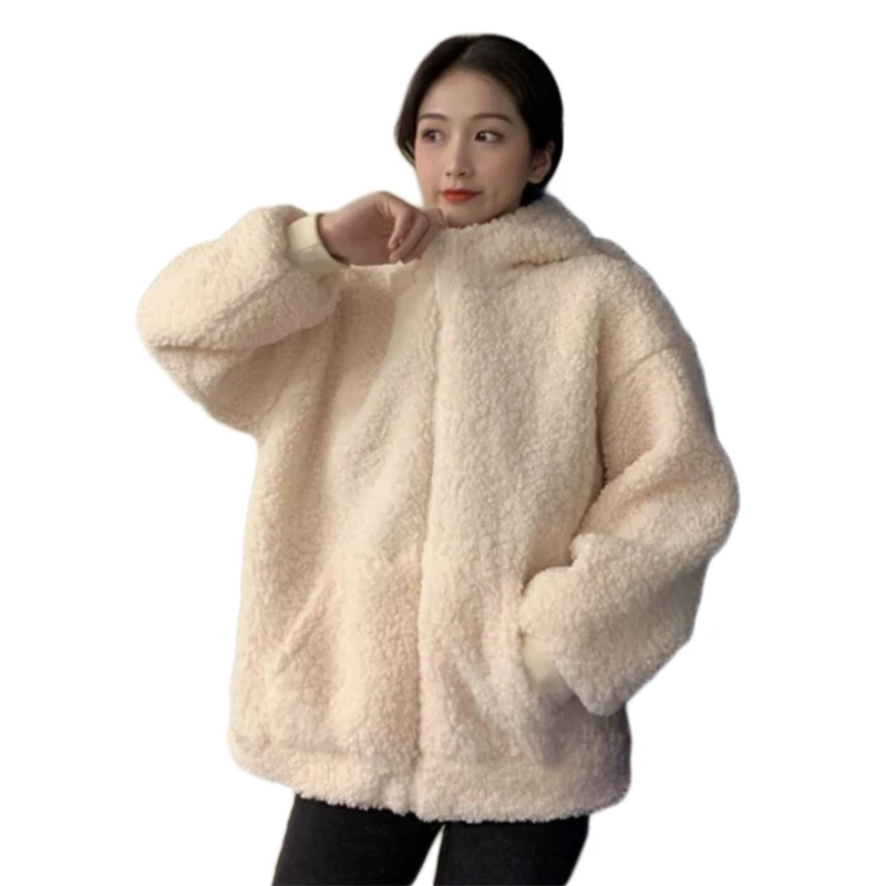 

Women Winter Long Sleeve Faux Fur Hoodies for Jacket Bear Ears Up Sweatshirt Cardigan Coat Oversized Loose Fleece