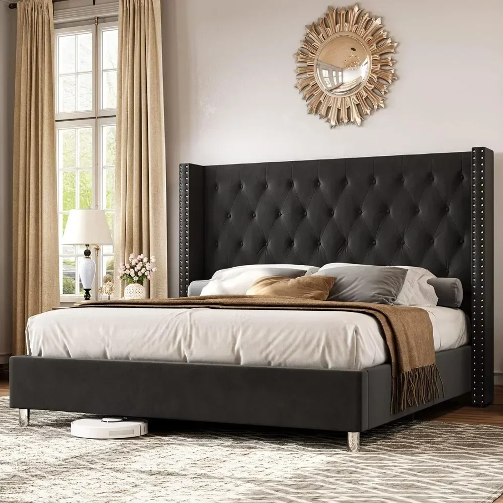 Bed Frame, Upholstered Beds Velvet Low Profile Platform Beds with Raised Wingback Headboard, Bed Frame