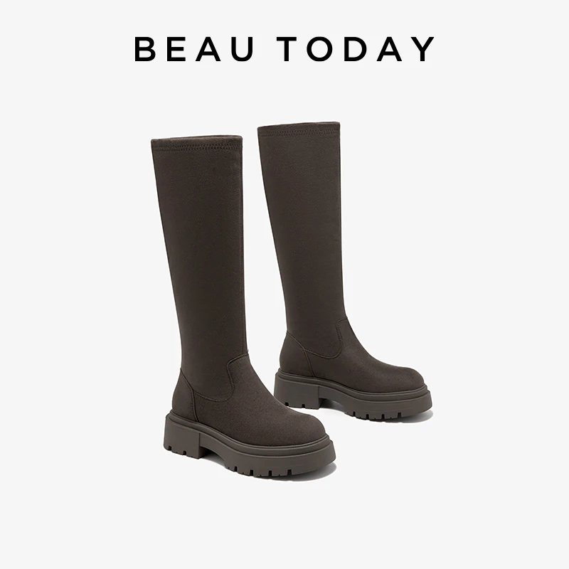 

BeauToday/длинные сапоги; Женская кожаная тканевая стелька; Liinng; Повседневная женская обувь с круглым носком; 01042 ручной работы