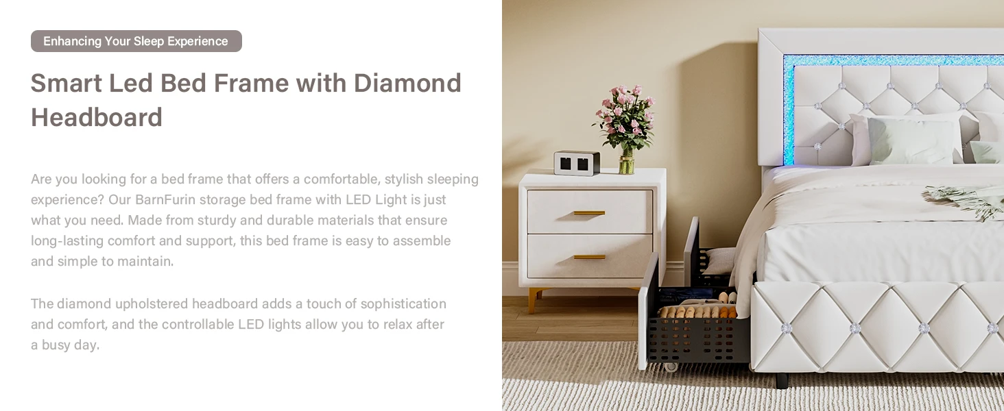 Upholstered Diamond Bed Frame with 4 Storage Drawers and LED Lights
