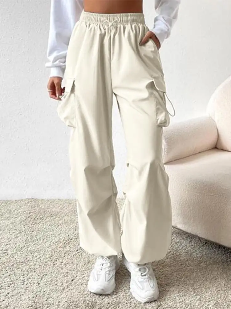 

ZANZEA Women Solid Cargo Pants 2023 Casual Pocket Drawstring Overalls Autumn Elastic High Waist Trouser Vintage Loose Pantalons