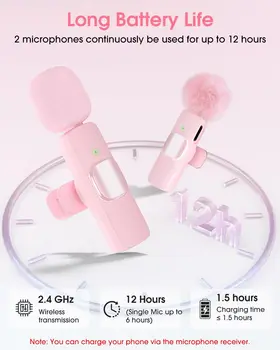Mini Wireless Lavalier Microphone for iPhone 16/15/14 Android, Pink Lapel Mic with Noise Reduction, 12H Battery, 65ft Range 6