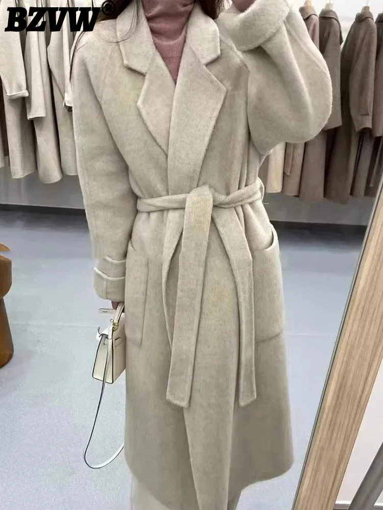 

BZVW New High-end Double Sided Wool Coat Women's Lace-up Waist Mid-length Woolen Overcoat Female 2023 Autumn Winter New 25X2742