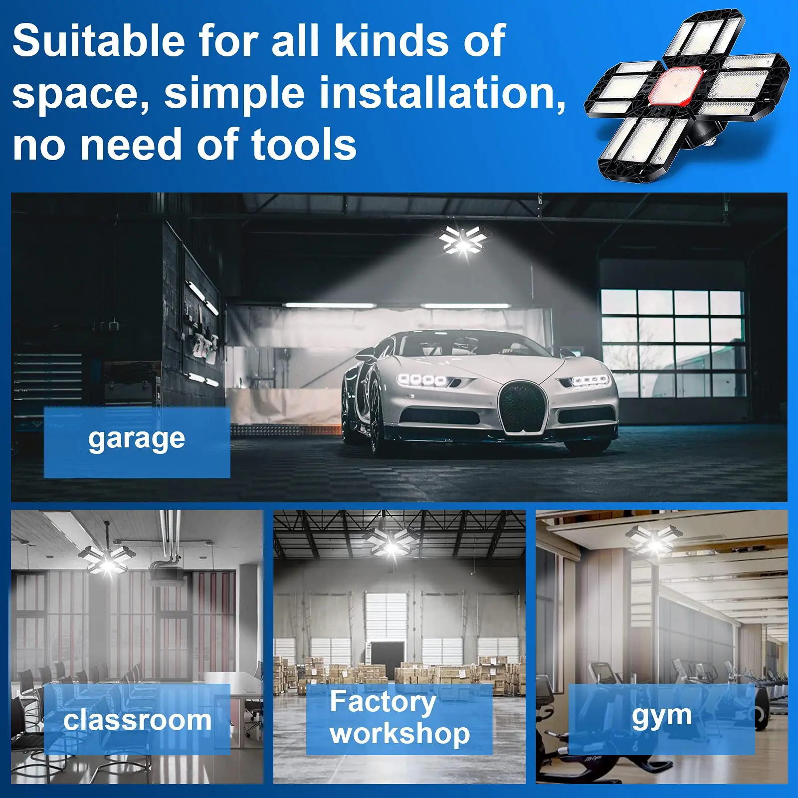 12 Adjustable Panels LED Garage Lights E27/E26 Lamp Deformable Bulb Ceiling Lights for Shop Storage Warehouse Workshop Lighting