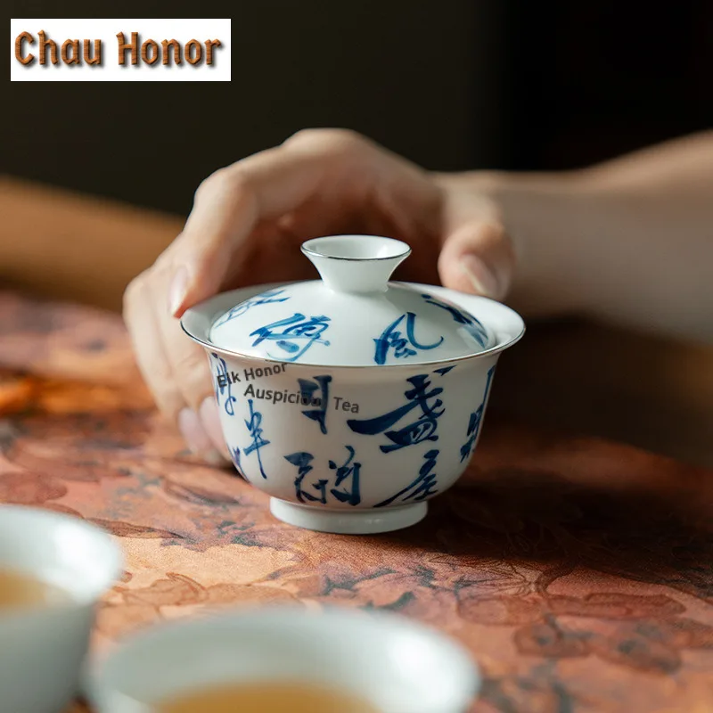 150ml Handwritten Poetic Tracing Silver Ceramic Gaiwan Japanese Tea Tureen Tea Bowl With Lid Kit Tea Brewing Cover Bowl Teaware