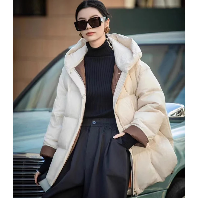 Schinteon Women Down Jacket Casual Loose Over Size Warm Autumn Winter Outwear White Duck Down with Hood Fashion Coat 2024 New 2