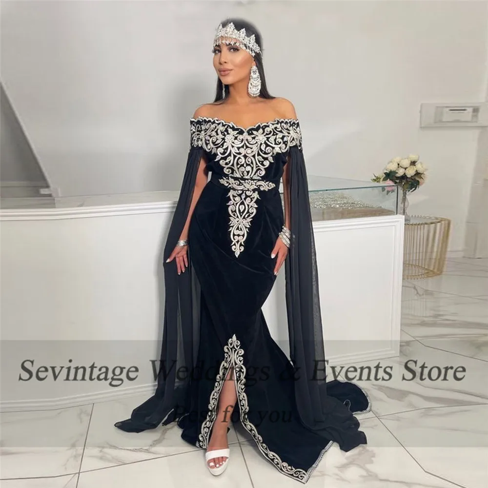 Sevintage Arabic Mermaid Velvet Evening Dresses Off The Shoulder Split Appliques Long Cape Sleeves Prom Gowns Algerian Outfits