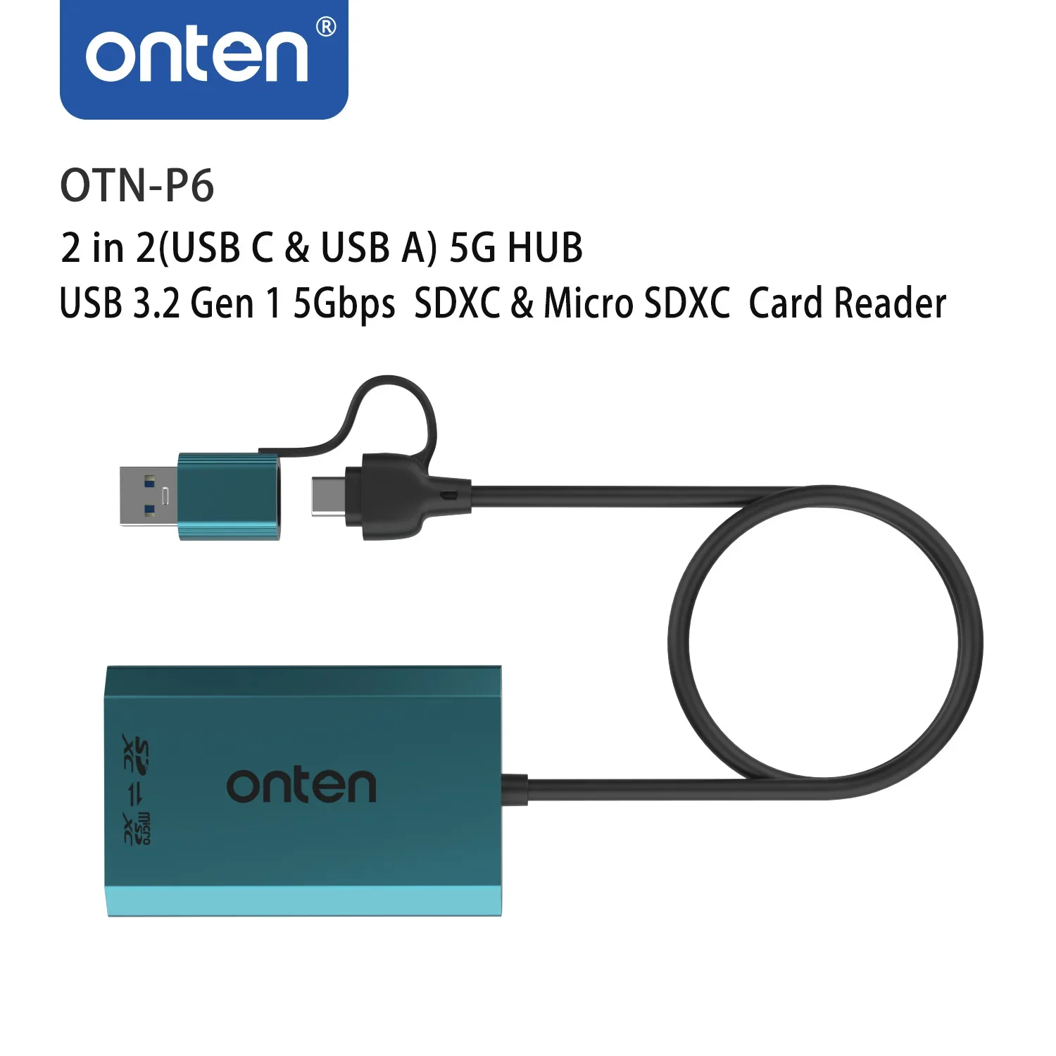 onten-otn-p6-leitor-de-cartao-usb-c-e-usb-a-5g-hub-usb-32-gen-1-5gbps-sdxc-micro-sdxc-2-em-2