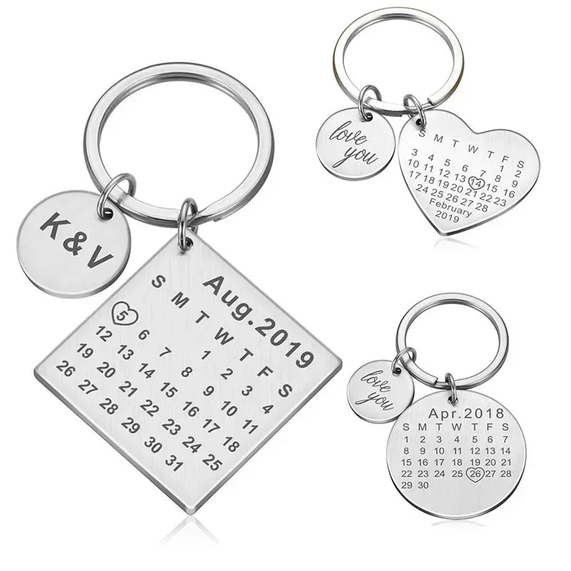 

Personalized Custom Key Chain Ring Engraved Calendar Date Stainless Steel Keyring Wedding Anniversary Gift for Boyfriend Husband