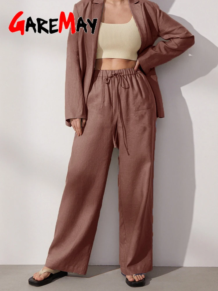 Cotton Linen Pants for Women Stacked Loose Vintage Solid Basic High Waist  Wide Leg Khaki Trousers Summer Women's Pants