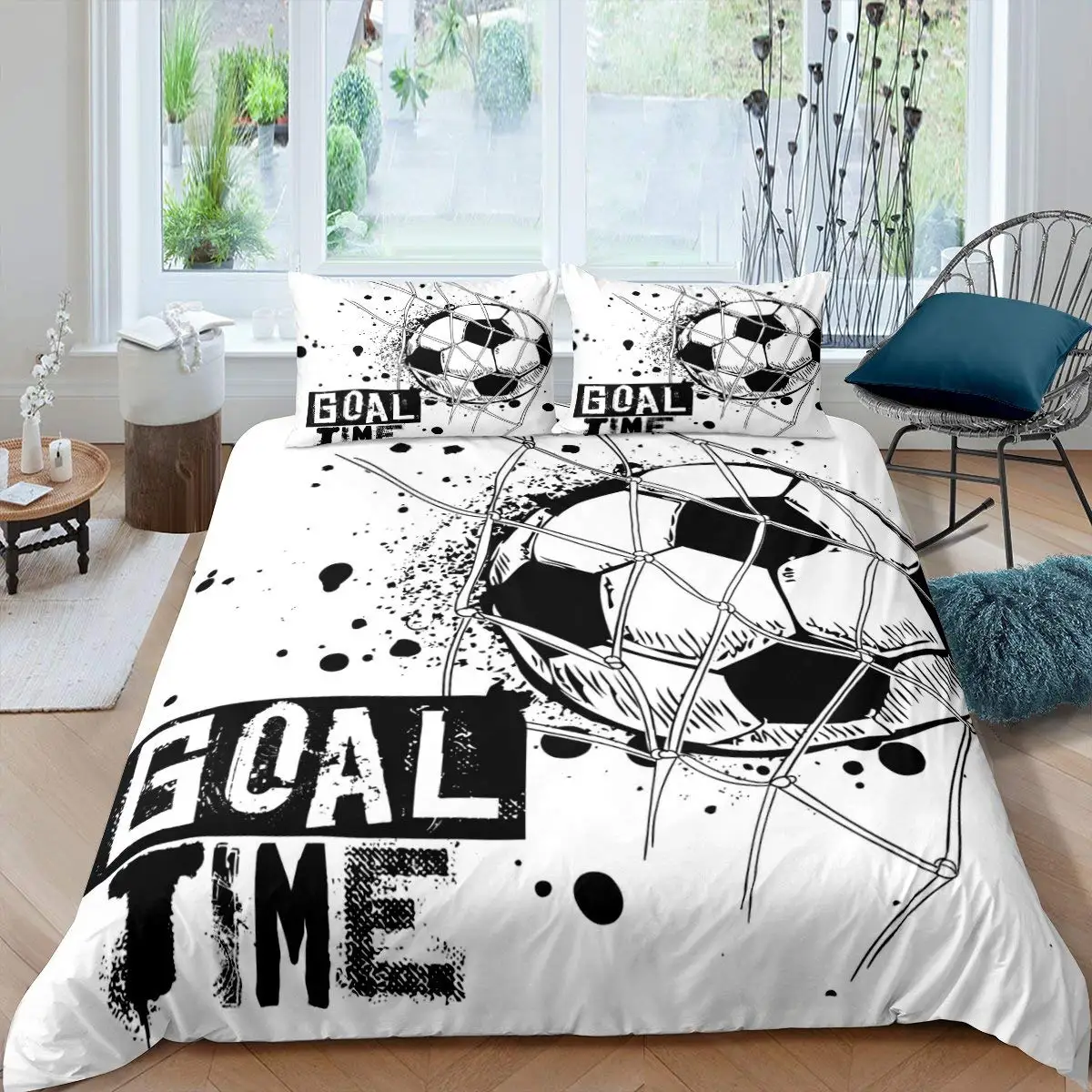 Blue Flame Soccer Duvet Cover Set Children Boys 3D Printed Football Quilt Cover Sets with 2 Pillowcases with Zipper Queen Size 6