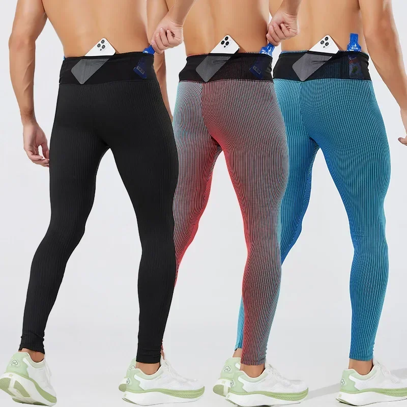 Sport Jogging Trousers Men Women Marathon Trail Running Training Compression Pants Quick Dry Tights Sports Leggings Fitness Male Waist Belt Bag Pocket