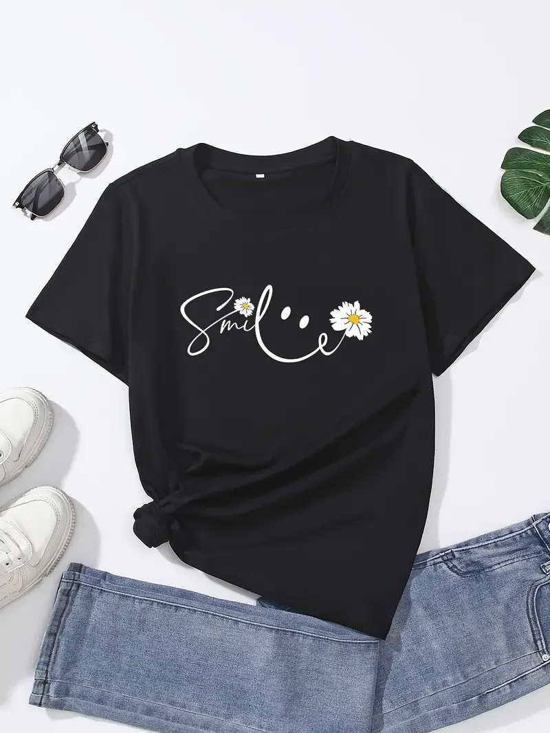 

Женская футболка с коротким рукавом, круглым вырезом и принтом