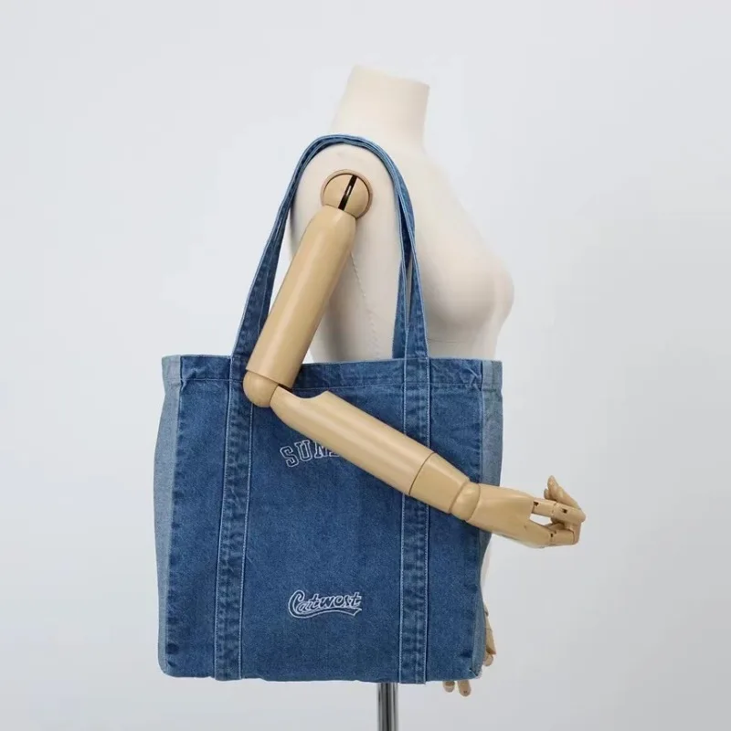 

Large Capacity Canvas Shopping Bag Simple Portable Commuting Bag Denim Shoulder Bag