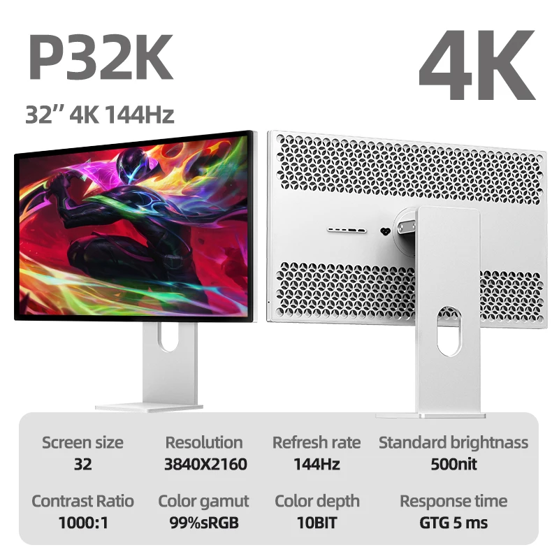 쿠이콘 P32K 32인치 게이밍 데스크탑 모니터 알루미늄 합금 디스플레이 4K UHD 해상도 144HZ 리프레시율 와이드 스크린 DP PC용