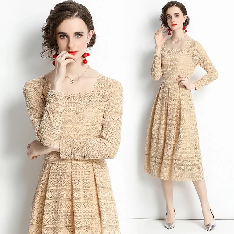 

Women Softerable Autumn Lace Mid Long Dresses Feminino Bodycon Solid Square Collar Emberiodery All Match Leisure Cute Vestidos